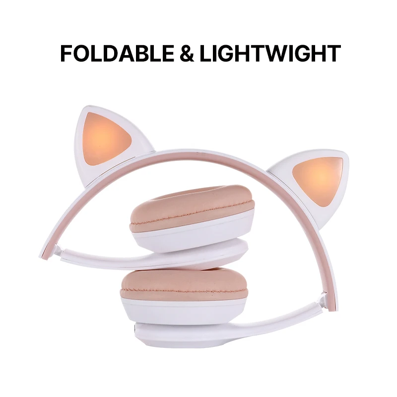 Flash Light BT Cute Cat Ear Blue tooth Headphones Wireless with Mic Stereo Foldable Kids Music Earphones Headset For Gift