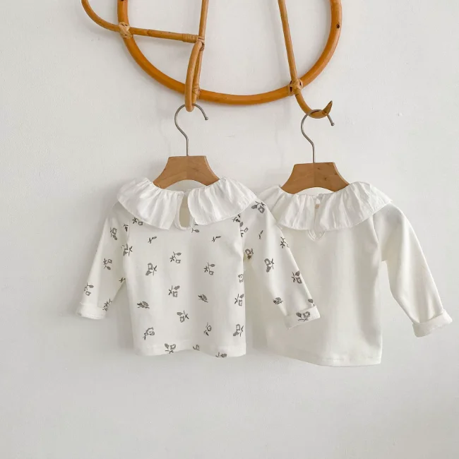 CLW037  Infant and Toddler Girls Lotus Collar Flower Print Tops 0-2 Years Old Long Sleeve basic Shirt T-Shirt