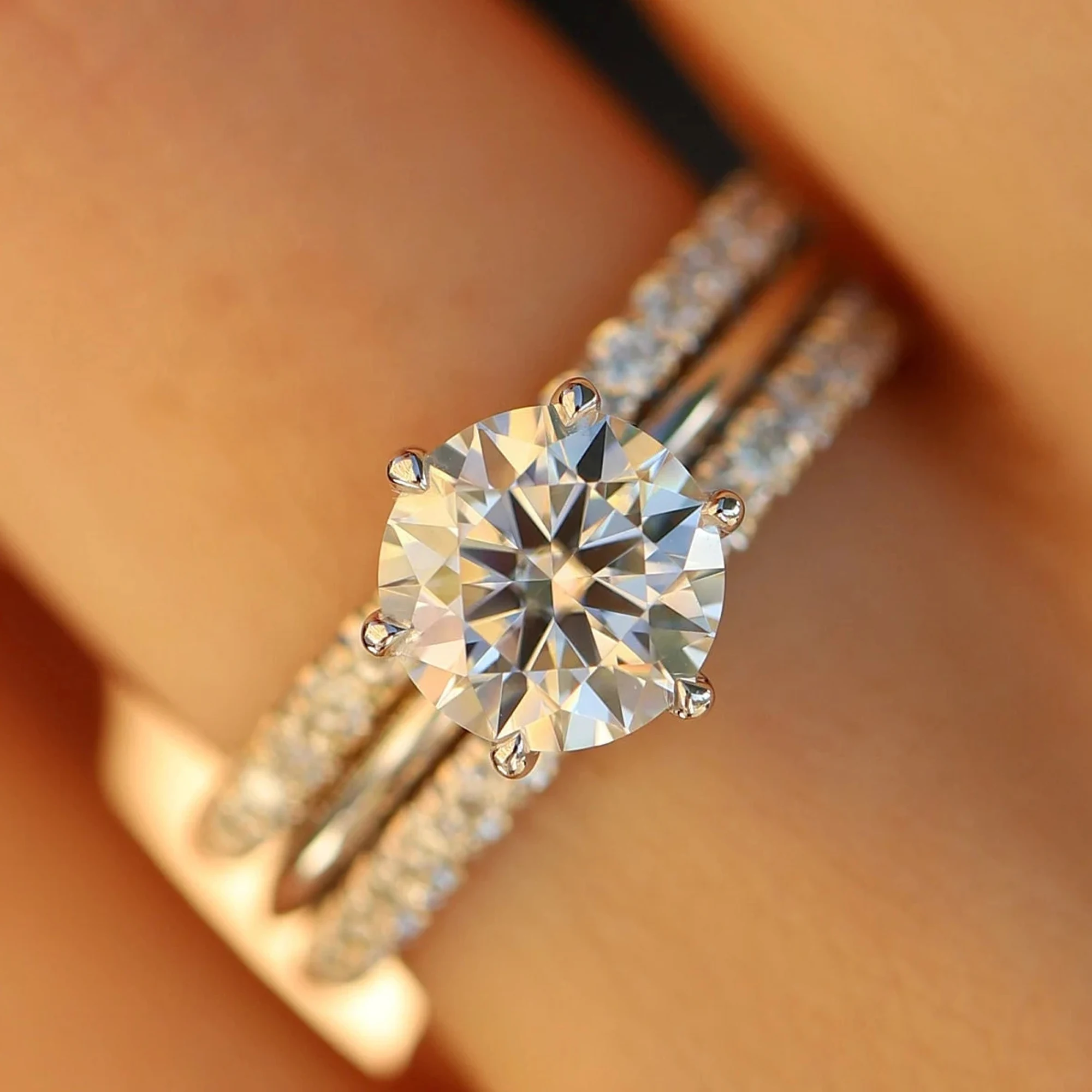 Luxury 925 sterling silver lotus women bridal eternity ring diamond moissanite wedding ring set