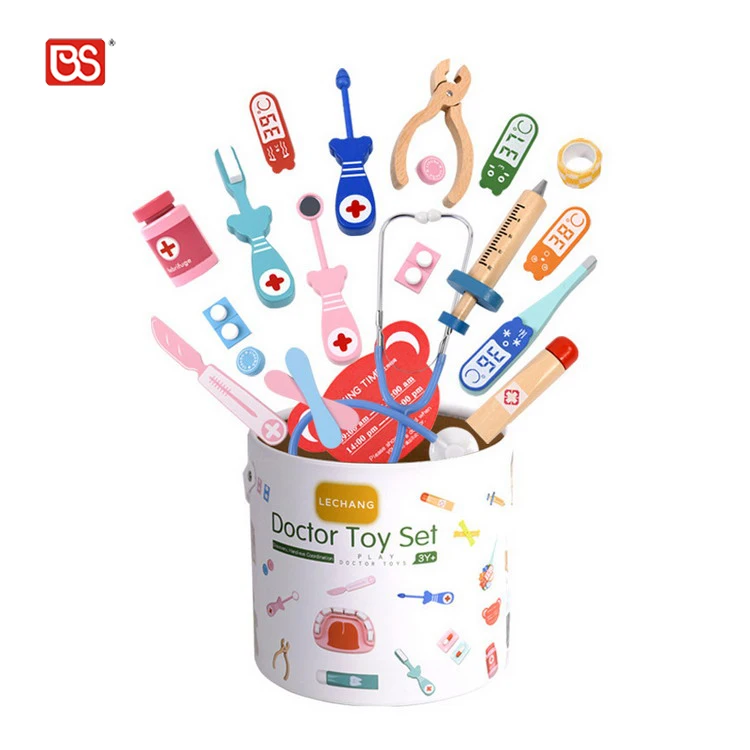 BS Plastic Tube Packing Wholesale Medical Kit 16 PCS Simulation Wooden Tool Doctor Play Set Toy For Kid