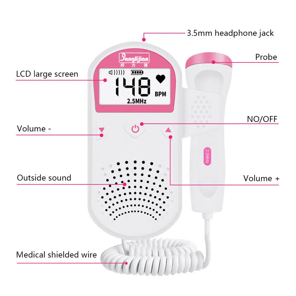 2.5MHz Pocket Fetal Doppler/Prenatal Heart Monitor Baby Beat Sound LCD Display