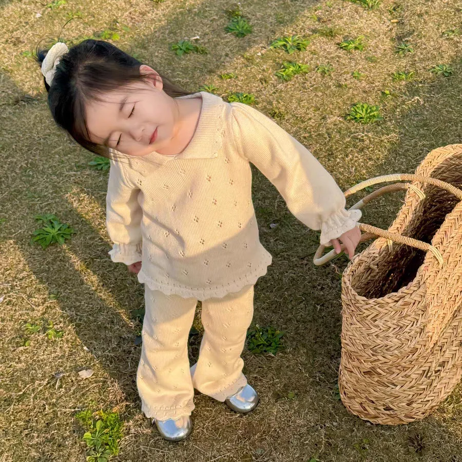 Organic Cotton Soft Pointelle Knit Spring Fall Clothes Set Toddler Children Girls Knitted Suits