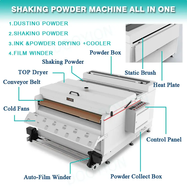 Large format dooyion 120cm conveyor belt type dtf powder shaker and dryer for t shirt