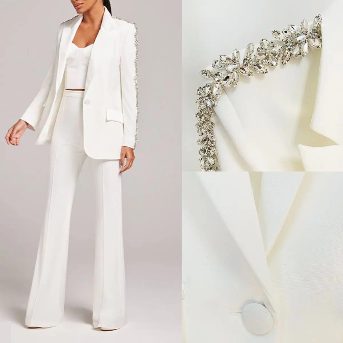 French Retro Style Women 2 Pieces Casual Rhinestone Blazer Suits White Single Button Notched Coats Straight Leg Pants Sets