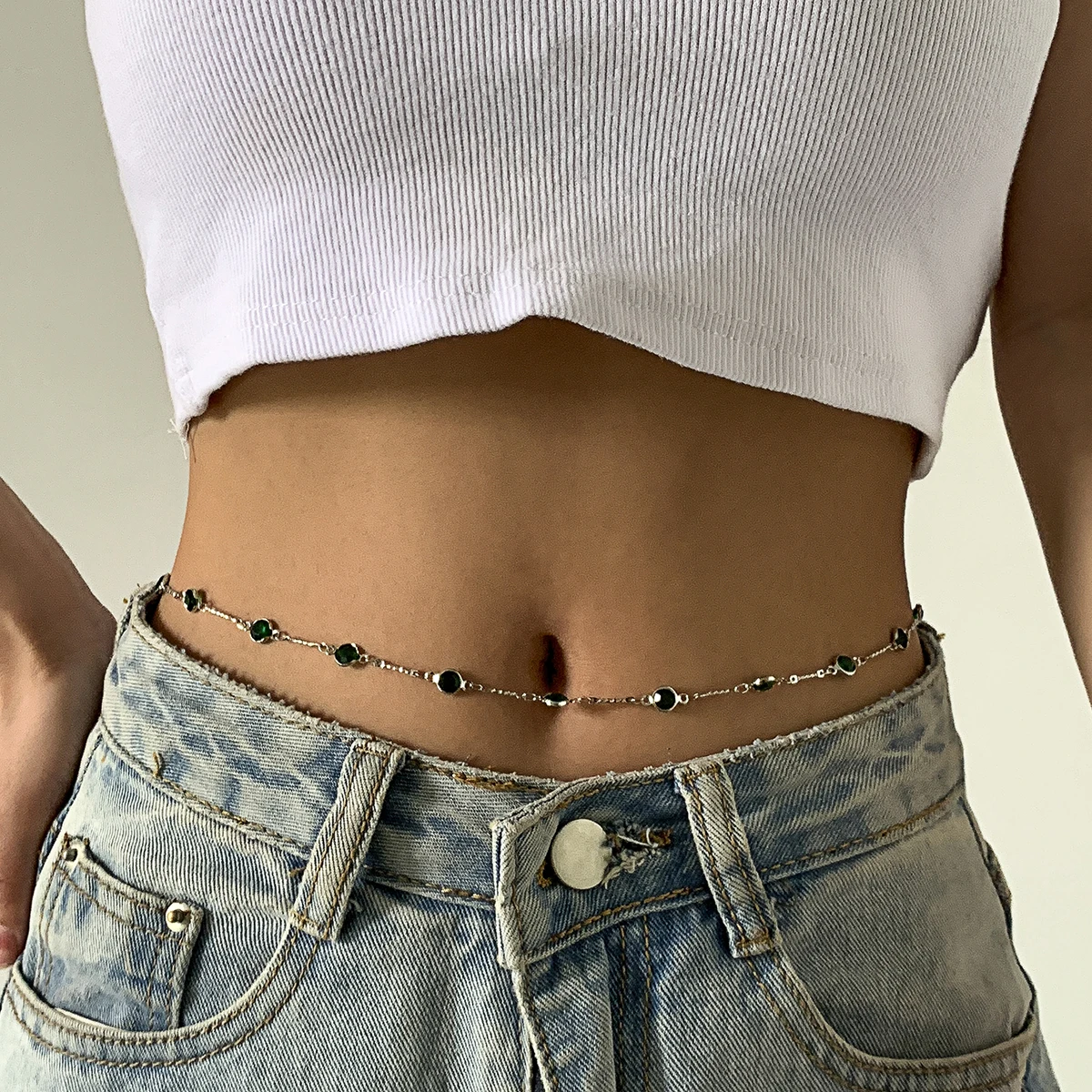  SHIXIN New Popular Green Rhinestone Beaded Waist Chain Retro Shiny Crystal Link Belly Wholesale Body for