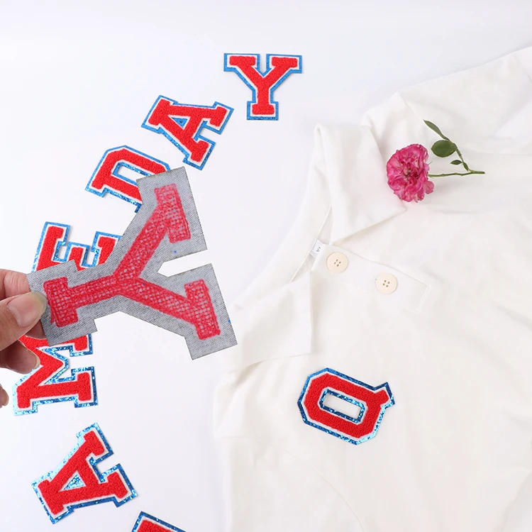 Wholesale varsity short jackets USA patches applique glue on iron on blue glitter and red chenille letters for independence day