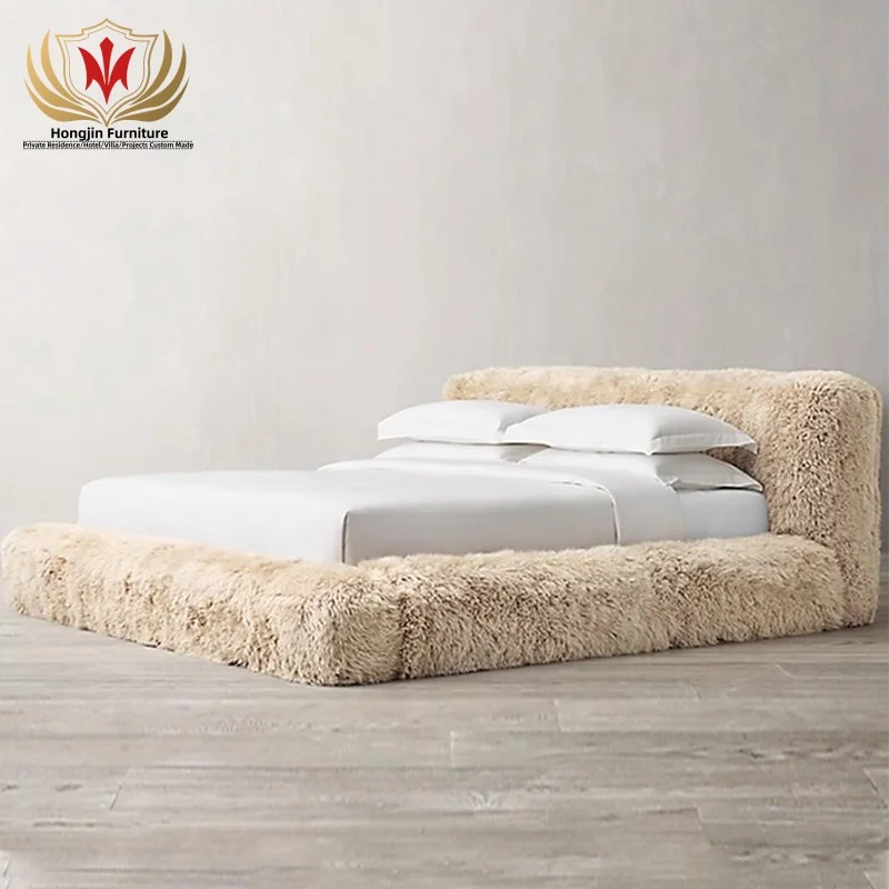HJ HOME Postmodern Luxury Bedroom Furniture Solid pine Wood frame Sheepskin Platform King Size Bed For Villa bedroom