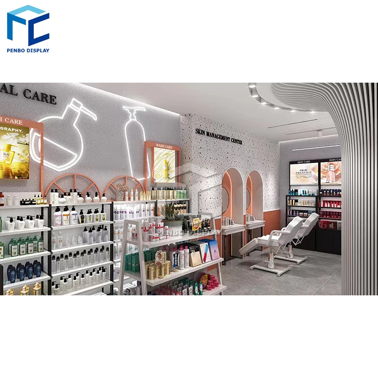 Custom Wooden Wall Cosmetic Shelves Display Cabinet And Makeup Display Wall Showcase