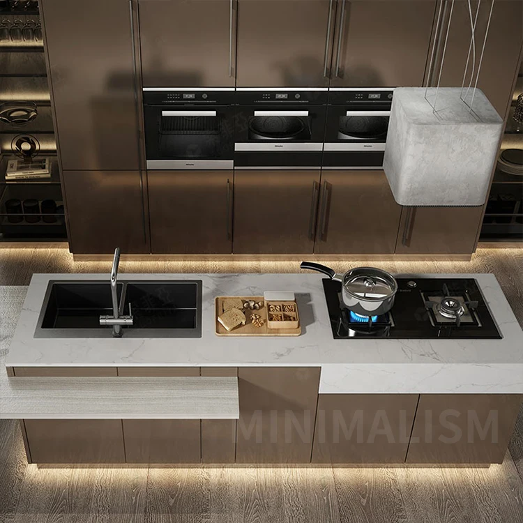 Manufacturer Dust Proof Modern Open French Island Design Complete Metal Laminate Glossy Kitchen Cabinets