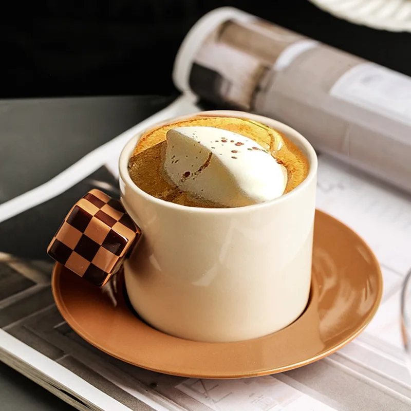 New 250ml Hot Selling Handmade Ceramic Art Cup and Saucer Set Exquisite Pixel Pottery Mug Plates for Gifts