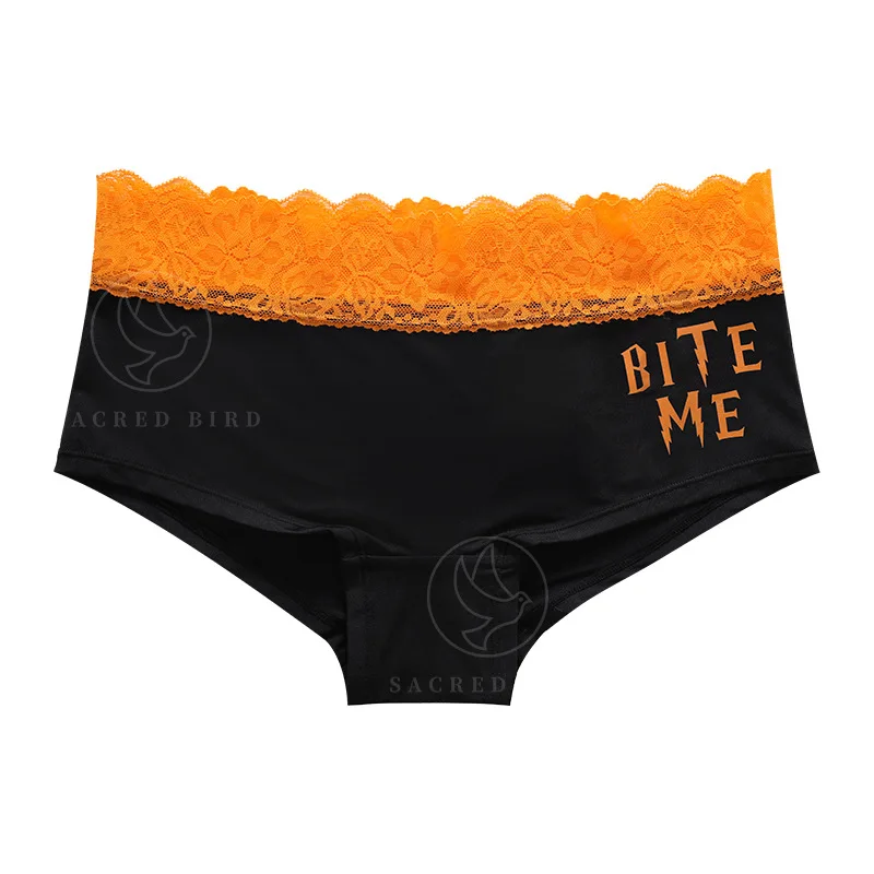 Sexy lace waist edge splicing seamless ice silk girls panties Halloween printing large size anti-glare boxer shorts