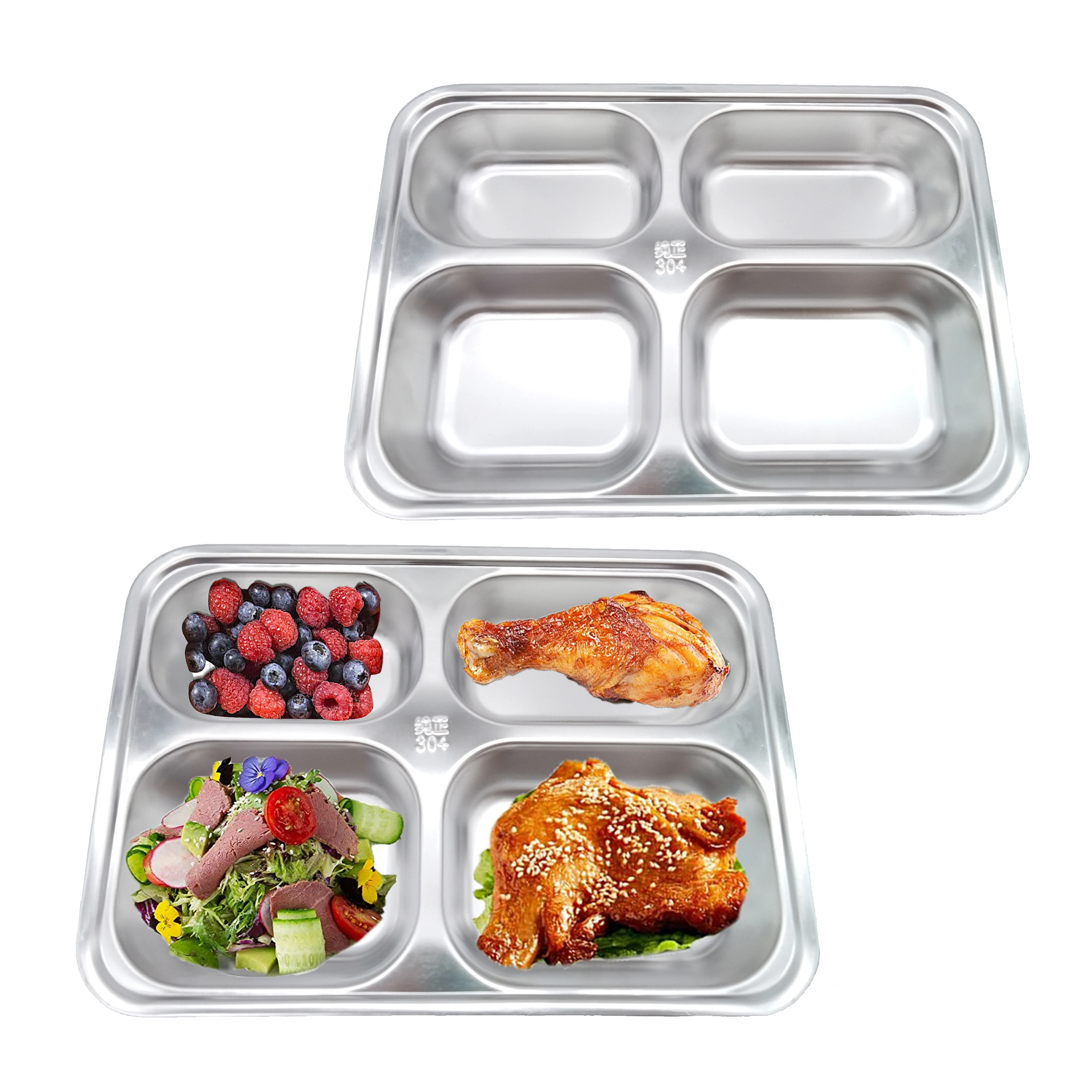 School Lunch Tray Food Divided Plate Metal Stainless Steel 4 Compartment Food Trays For Canteen