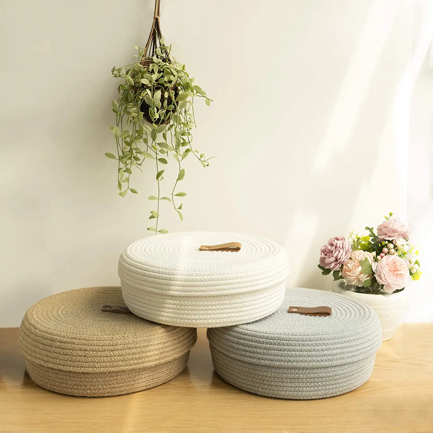 New coming round 100% cotton rope woven storage basket with lid