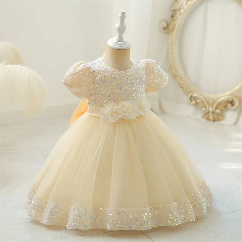 Wholesale Summer Wedding Party Dresses Elegant Sequins Bow Cake Girl Lace Mesh Dresses