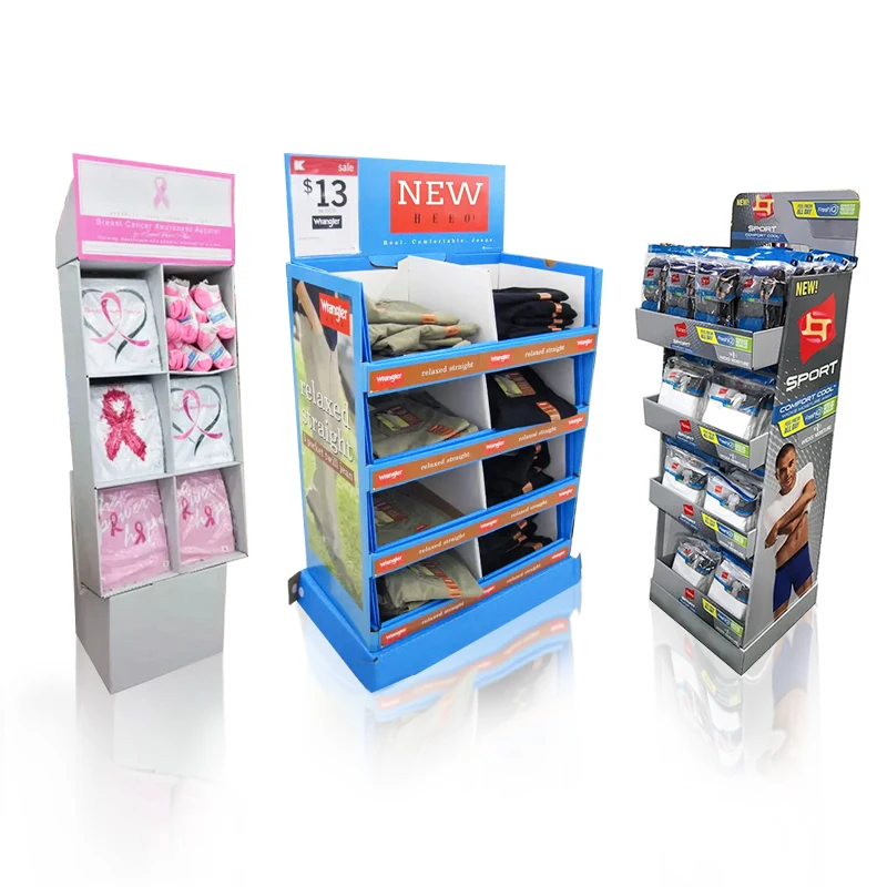 cardboard clothing display T-shirts cardboard rack sock display stand 4 tier point custom cardboard display of purchase bin
