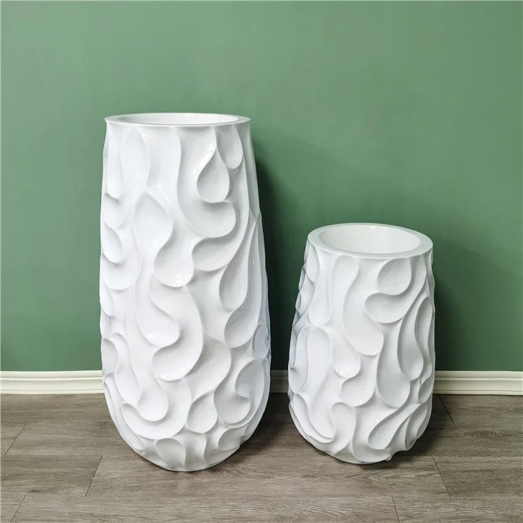 Set of 2 white relief painting fiber cement concrete pots large round shape relief vase for plant home decor