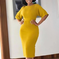 Fashion Yellow Slim Elegant Work Wear Short Sleeves O Neck Tight Elastic Large Size African Women Office Ladies Bodycon Dresses