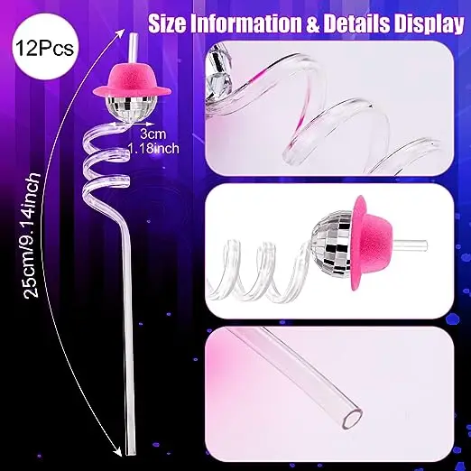 Mini Disco Mirror ball straws with pink cowboy cowgirl hat bar party decorations silver 12 pieces cowboy disco straw