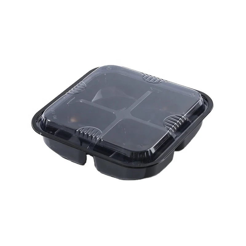 BPA  free disposable food RPET plastic box black take away fruit box 4 compartment tray container with clear lid (1600342238334)