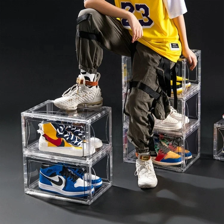 Fashion Acrylic Plastic Magnetic Side Open Stackable Folding Clear Display Shoe Storage Box For Organizer Basketball Sports Shoe