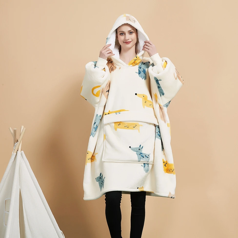 Wholesale Flannel Double Huge Warm Yellow Cartoon Hooded Hoodie Blanket with Big Pocket