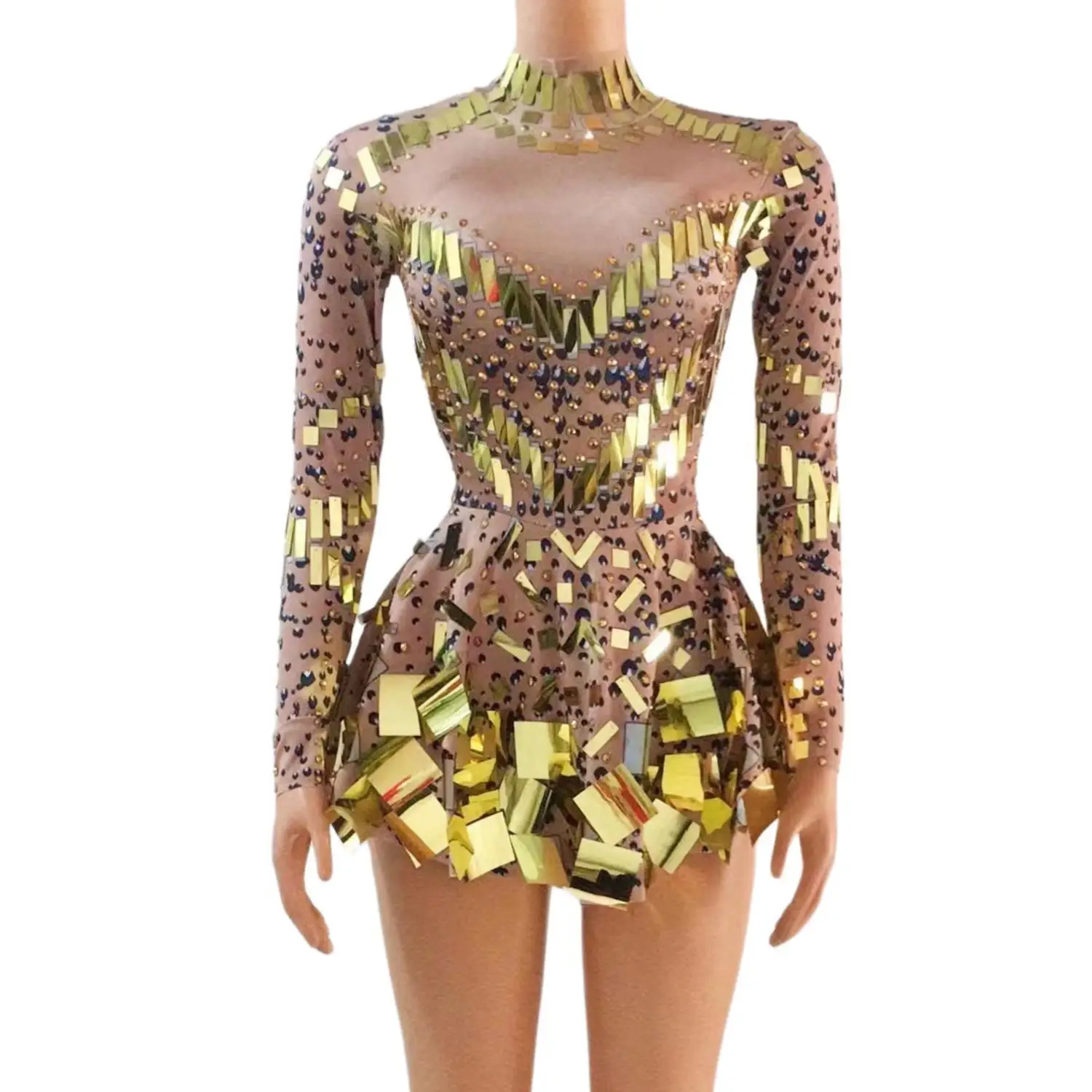 Sexy Long Sleeve Evening Gowns Glitter Sequin Birthday Party A Line Dress Stage Performance Wear Women Mini Cocktail Club Dress