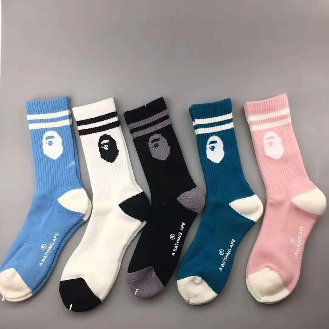 Color Nylon Cotton Polyester Fiber Sport Socks Logo White Black Gray Casual Men Bape Socks