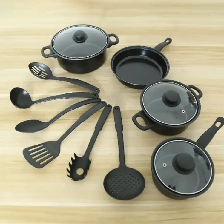 Wholesale 13 Pieces Cooking Accessories Multiple Size Iron Pots and Pan With Glass Lids And Utensil Sets