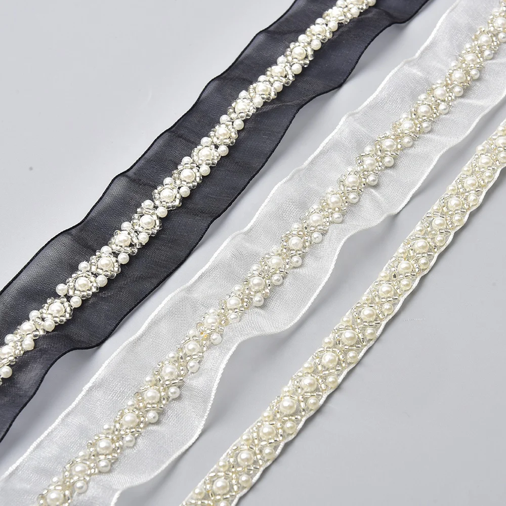 Fashion Rhinestone Pearls Beaded Fabric Lace Trimming Sew on Ribbon for Garment