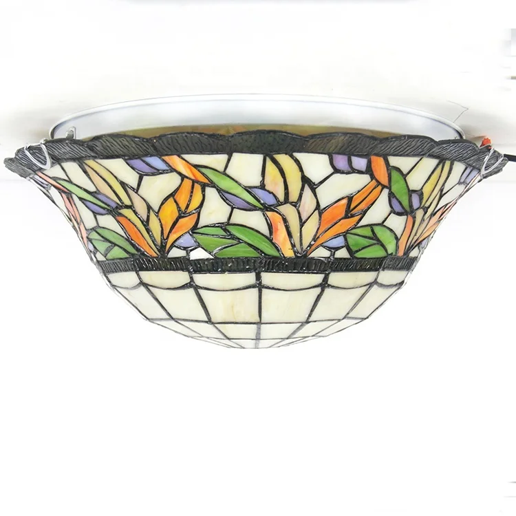 LongHuiJing Tiffany Style Flower Flush mount Lamp Antique ceiling Lamps Stained Glass Handcrafted Lights