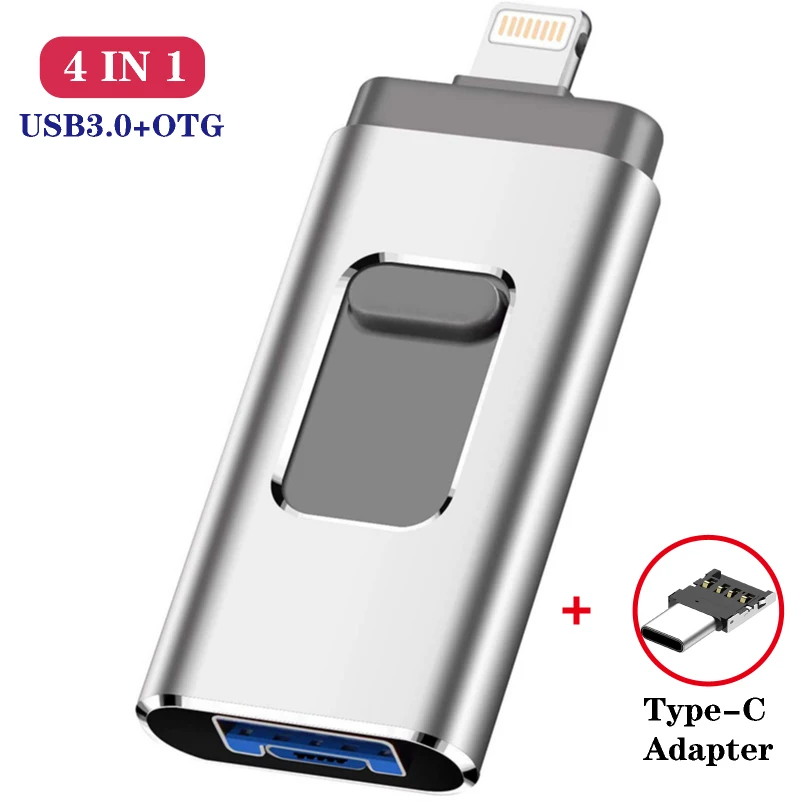 4 in 1 OTG USB Flash Drive 32 64G 128G 256G Memory Stick Type C Pen Drive For X 12/13 8 7 Plus usb 3.0