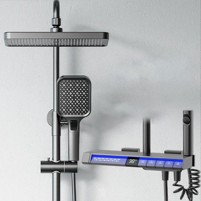 LED Light Display Piano Thermostatic 5 Functions Wall Mounted Set Bathroom Rainfall Waterfall Shower