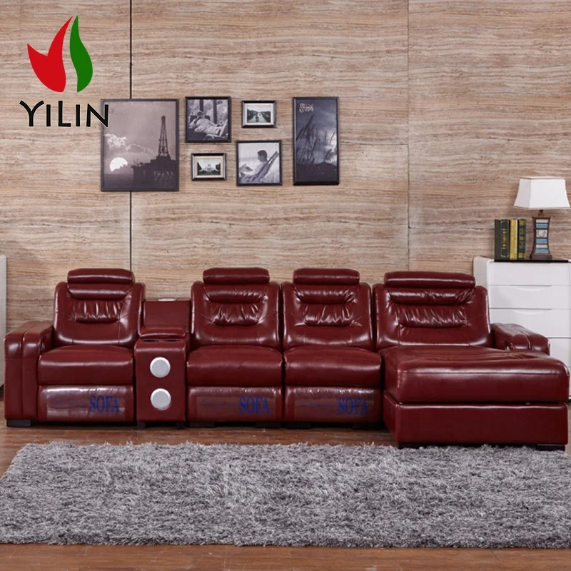 Factory Supply Modern New Design Living Room Reclining Sectionals Foshan Leather Sofa L Shape With Speakers Chaise Sofa