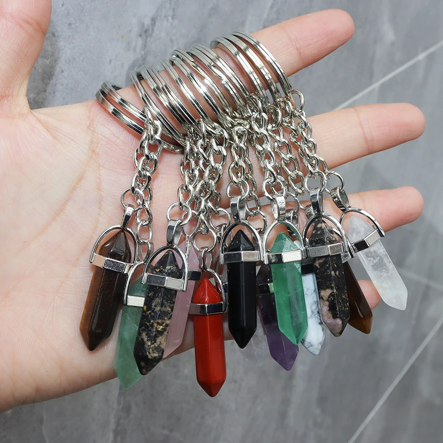 Wholesale crystal keychains natural crystal beautiful anti-loss cure amethyst tiger eye