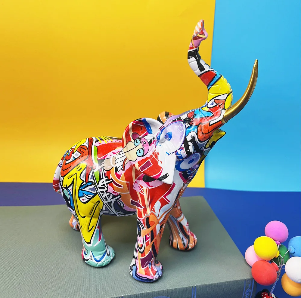 Whosale High Quality Transfer Printing Animal Figurines Statue Home Decoration Resin Colorful Elephant Figurines