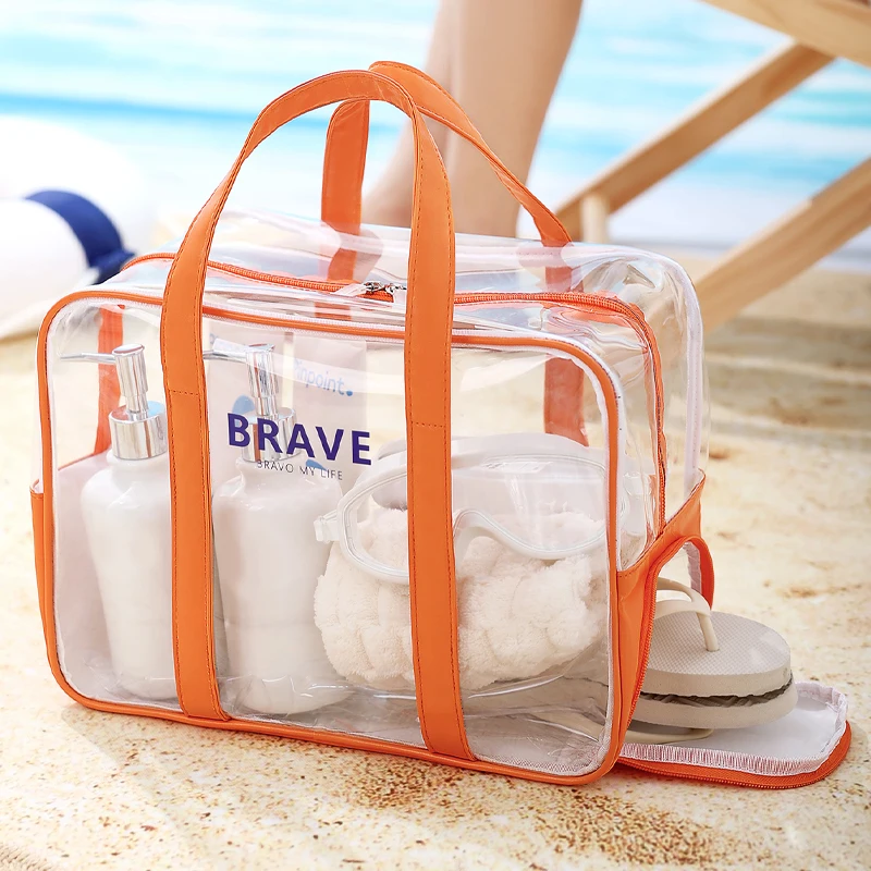 Customization transparent tote bag pvc cosmetic bag clear traveling toiletry bag with shoe compartment