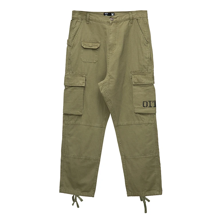 Wholesale autumn trendy men cotton vintage wide leg multi-pockets functional ribbon trim oversized baggy cargo pants