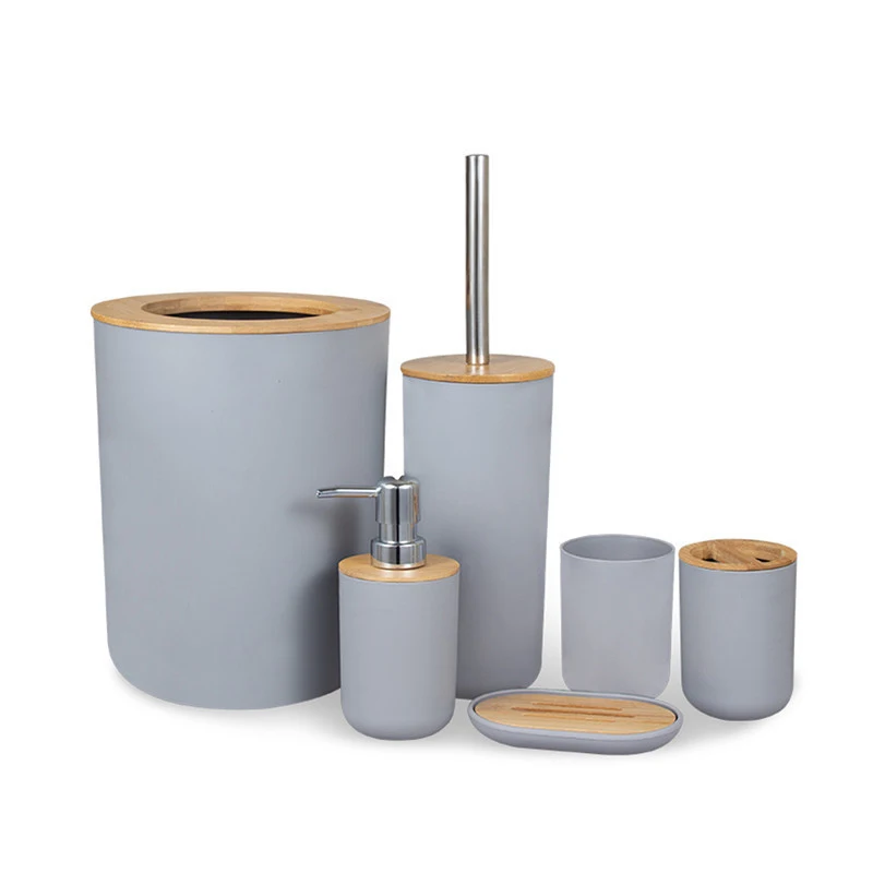 Wholesale Modern Design Grey White Black Bamboo Plastic 6pcs Bathroom Accessories Set