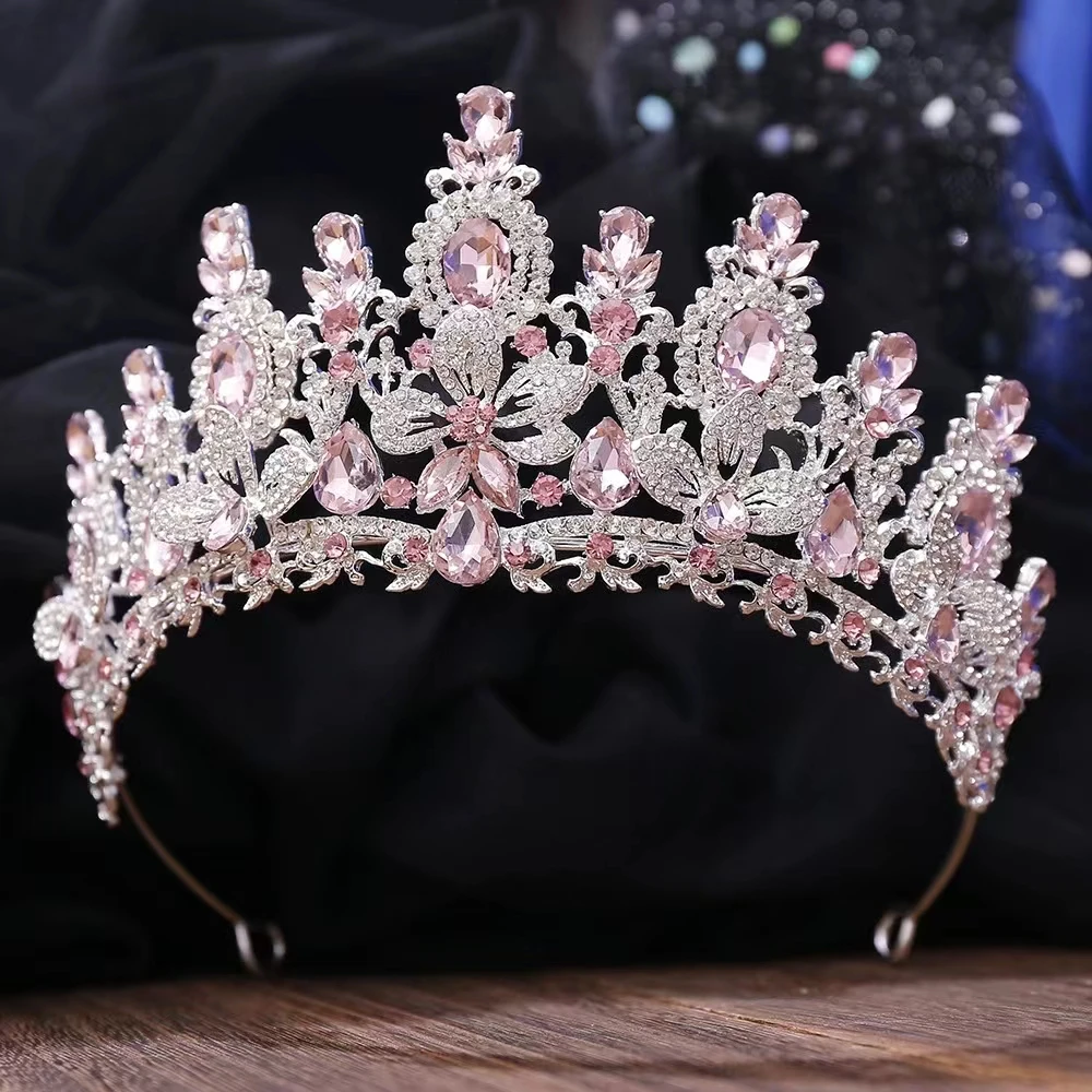 Princess Crystal Pink Tiara for Bridal  Baroque Headpieces Party Bride Tiaras And Crowns Wedding Tiara Bridal Crown  For Girls