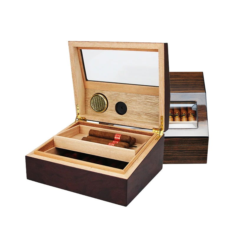 Piano Walnut Color Humidor For 50 Ct Wooden Cigars Storage Box cigar humidor box