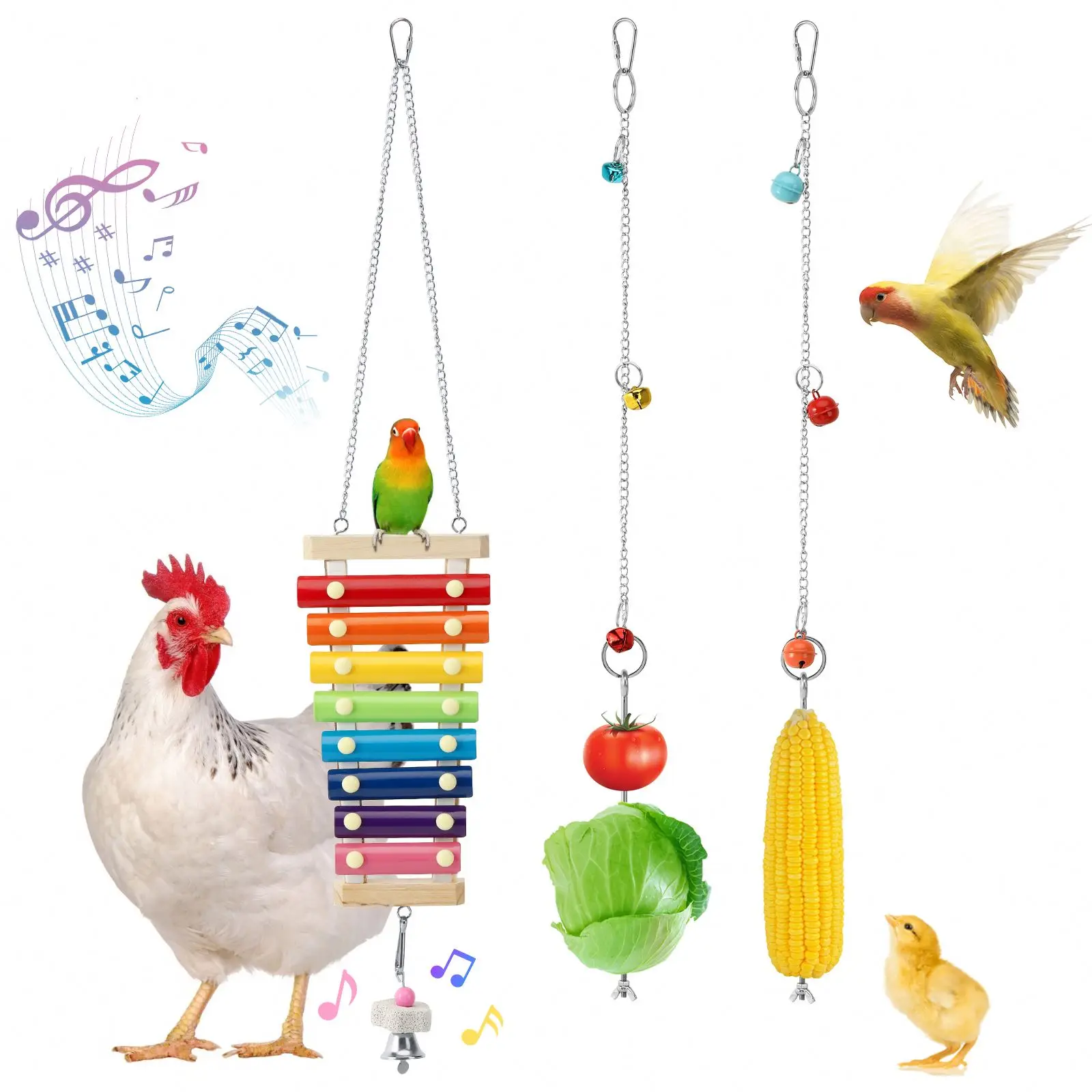 
Set of 3 Pack Chicken Xylophone Toys, Funny Music Toy with Metal Keys, Fruit Hanging Feeder and Bells for Hens Birds 