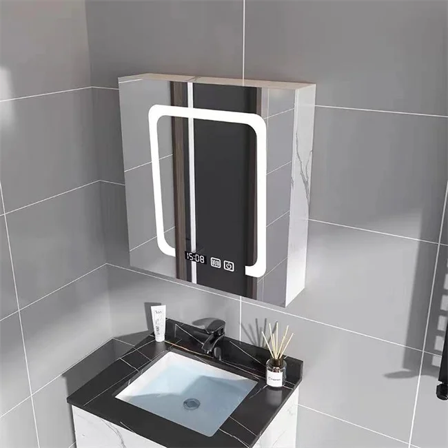 Modern Aluminum Bathroom Cabinets Wit Led Cabinet Mirror for Bathroom with LED Clock Touch Switch IP44 Waterproof&anit-fog
