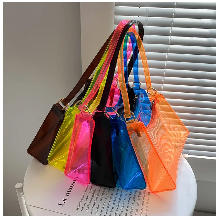 Custom Women Fashion Translucent Plastic Handbag Waterproof Transparent Tote Beach Bags Neon Pvc Shopping Bag