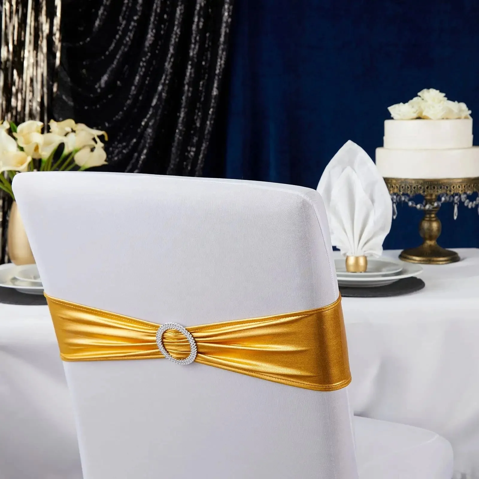 Hot Selling Spandex Wedding Sashes Gold Chair Sashes Chair Cover Stretch Band With Buckle Slider For Wedding Banquet Decoration