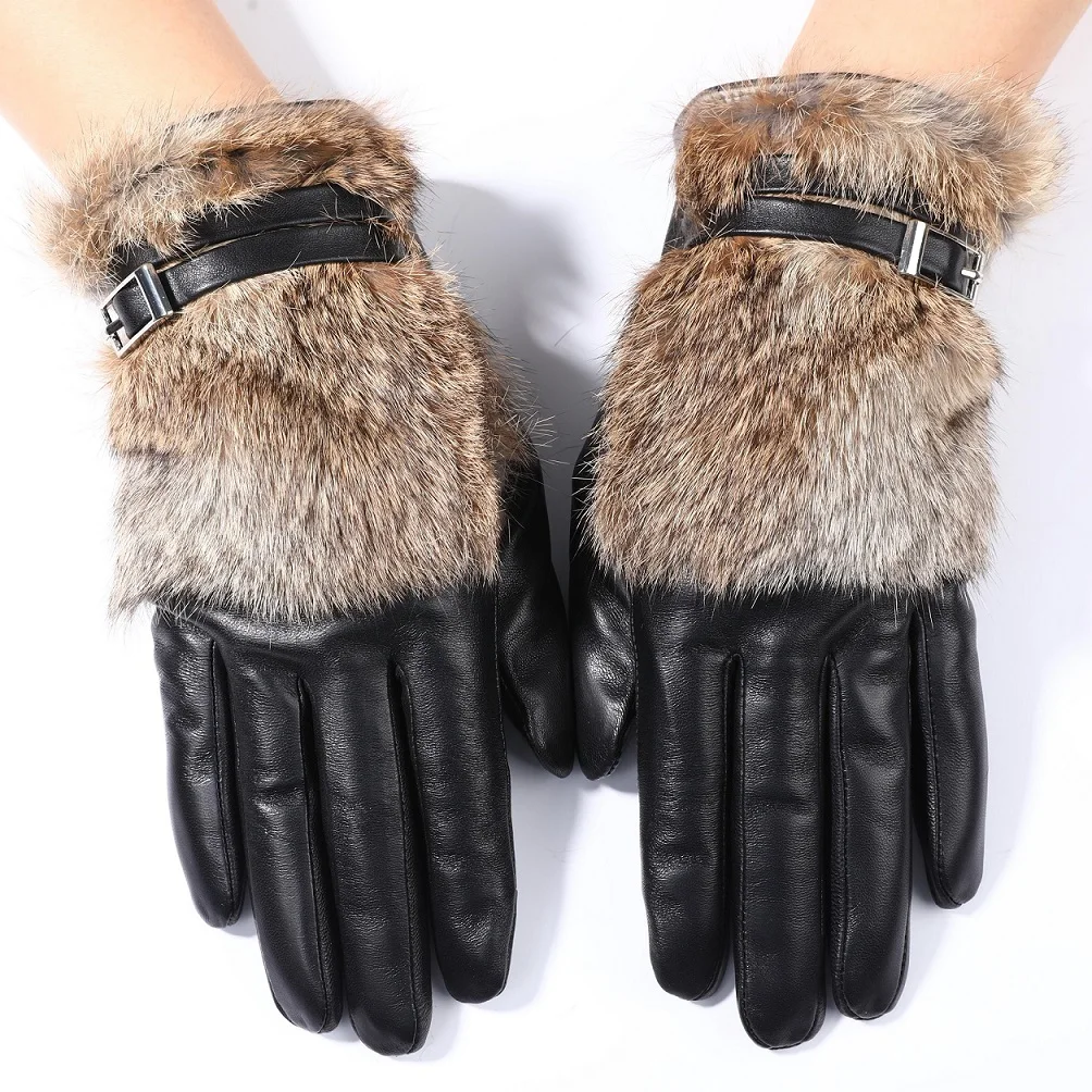 Luxury Imported Real Rabbit Fur Leather Gloves Women Black Sheepskin Genuine Leather Winter Thick Warm Gloves