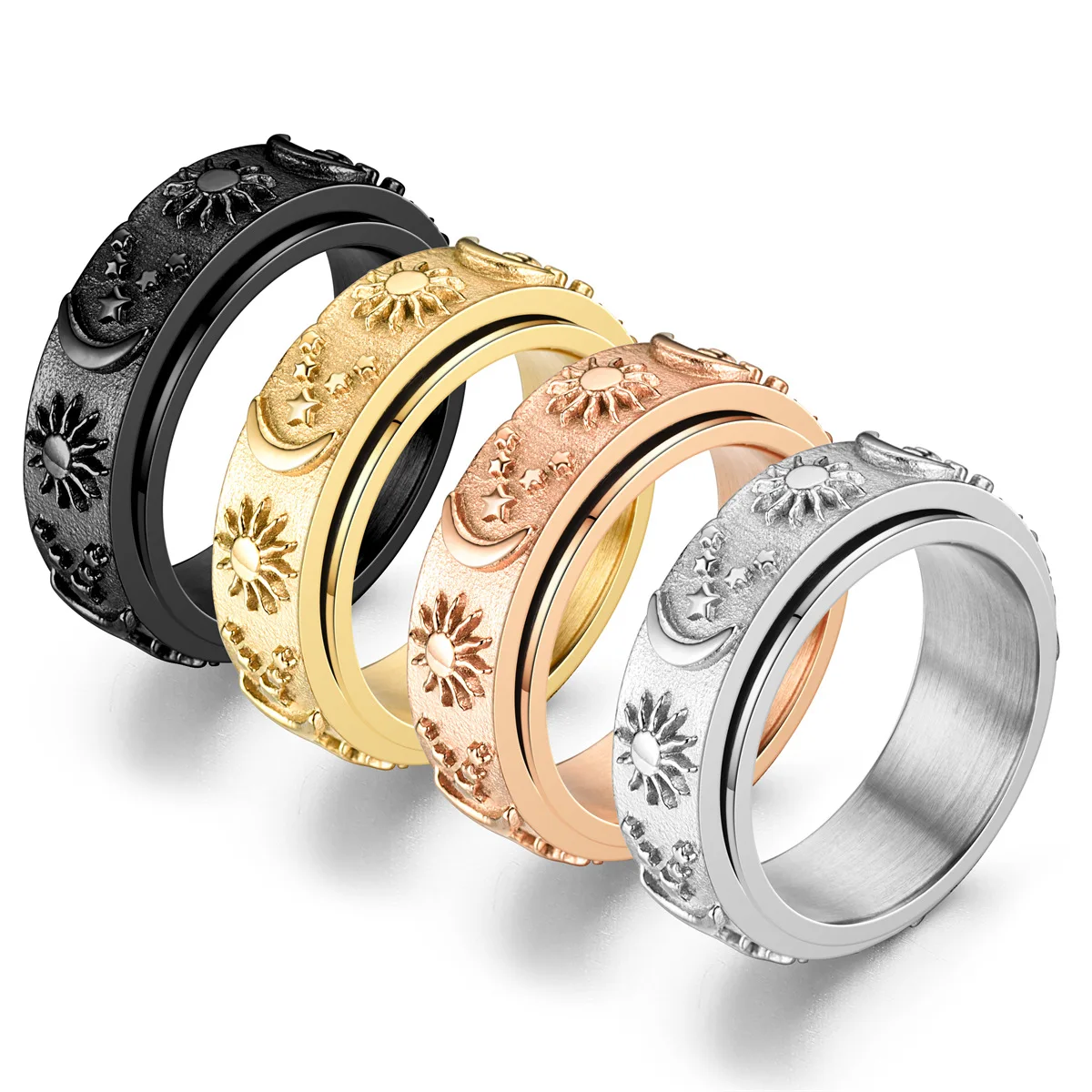 Factory Ready Stock High Quality Stainless Steel 18K Gold Plated Rotatable Moon Sun Decompression Finger Rings