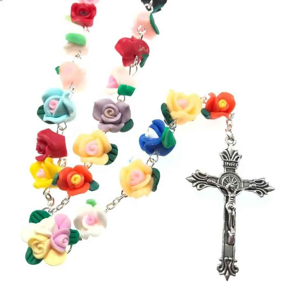 Candy bright colorful Soft Ceramic beads rose flower rosary catholic crucifix Necklace