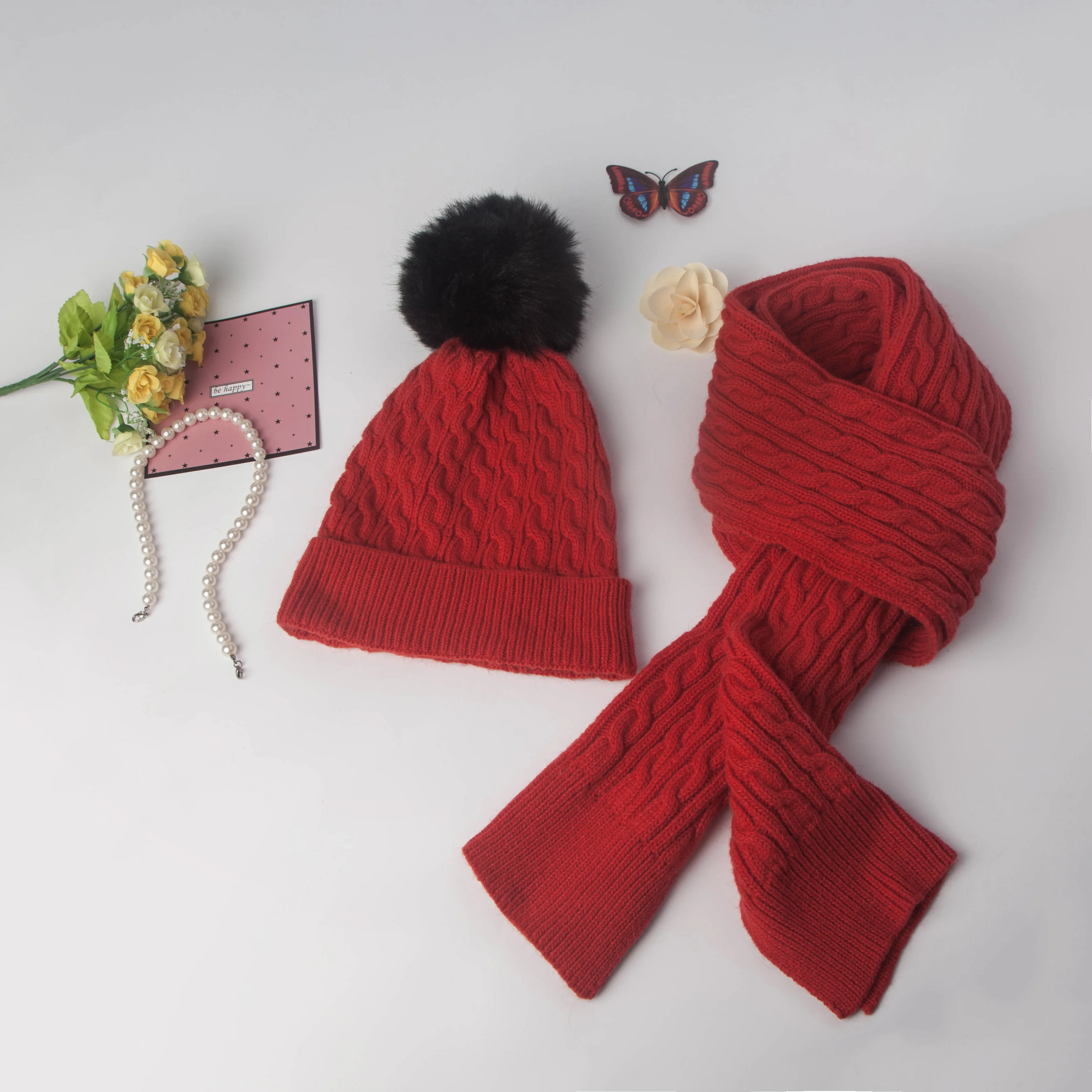 Hemp pattern big wool ball knitted hat scarf suit Ladies bright red festive knitted hat scarf Jacquard knitted hatand scarf suit