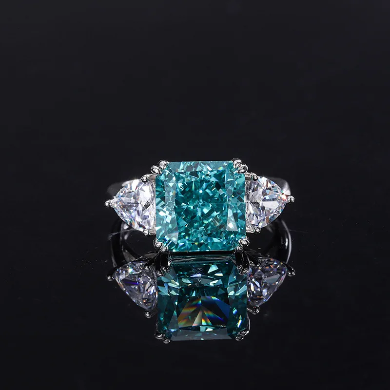 New S925 Silver Ring Mint Green Square 10*10 Main Stone 5 Carat Cubic Zirconia Ring Jewelry Lady