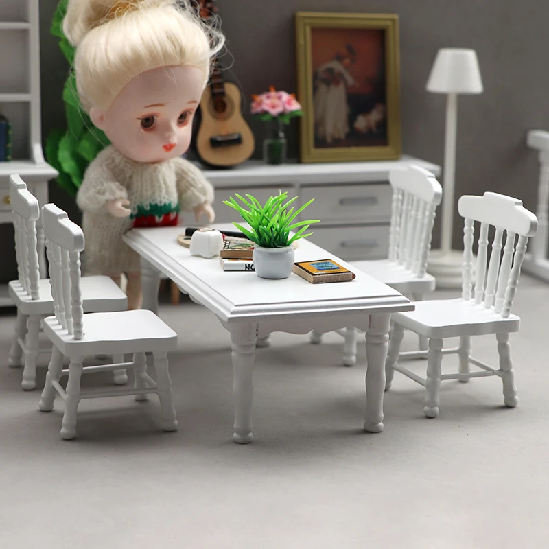 1:12 Wooden Dollhouse Miniature Furniture Restaurant Micro Scene Model Decoration White Dining Table Chair